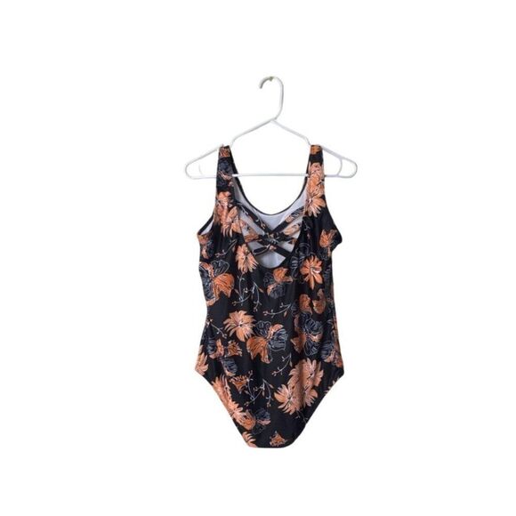 Womens Floral One-Piece Swimsuit XL Black & Orange Crisscross Back With Padded C - Picture 2 of 4